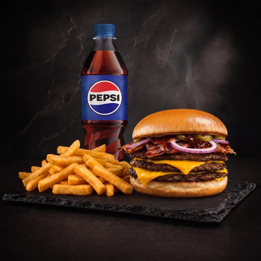 Zestaw City Burger — burger, frytki stekowe i napój