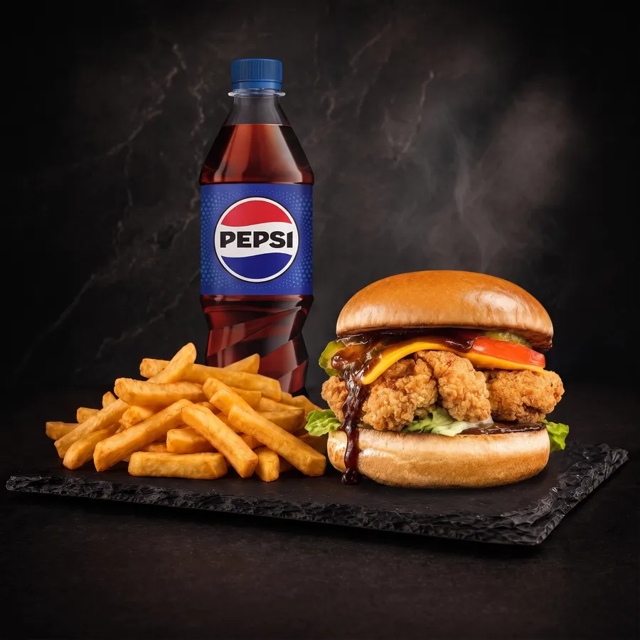 Zestaw City BBQ Chicken — burger, frytki stekowe, sos i napój