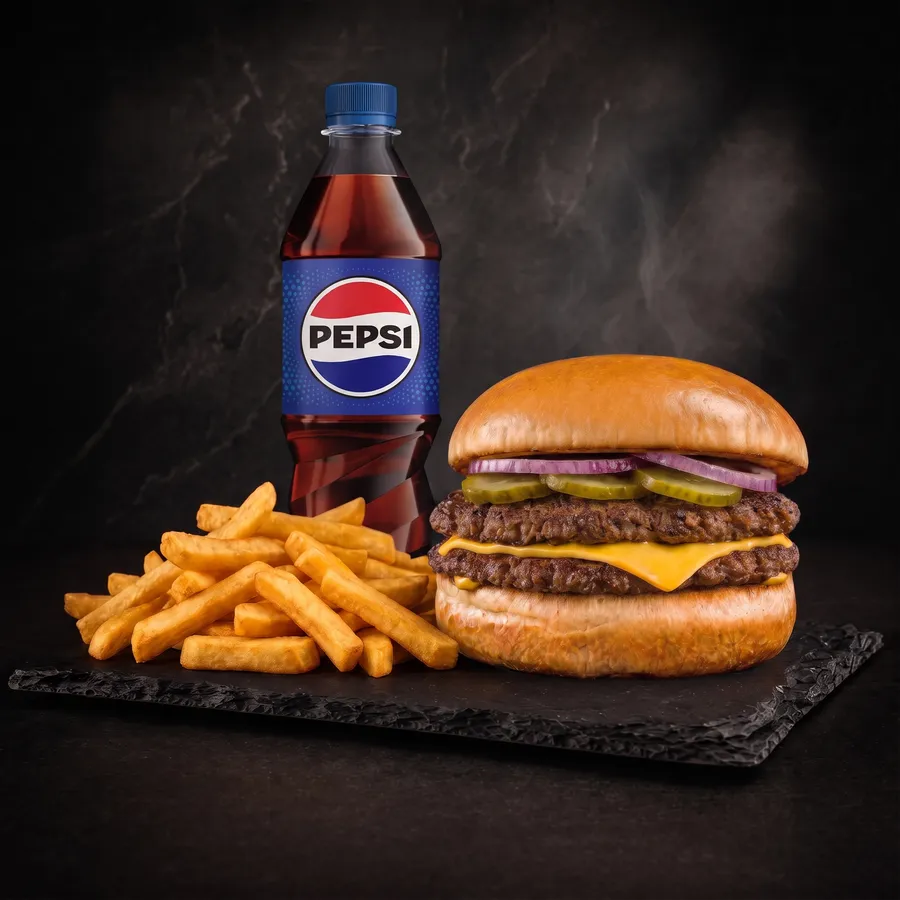 Zestaw City Classic — burger, frytki stekowe, sos i napój