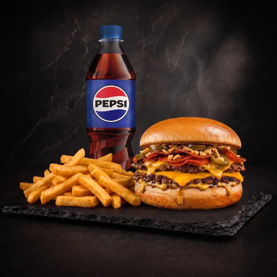 Zestaw City Pepperoni — burger, frytki stekowe, sos i napój