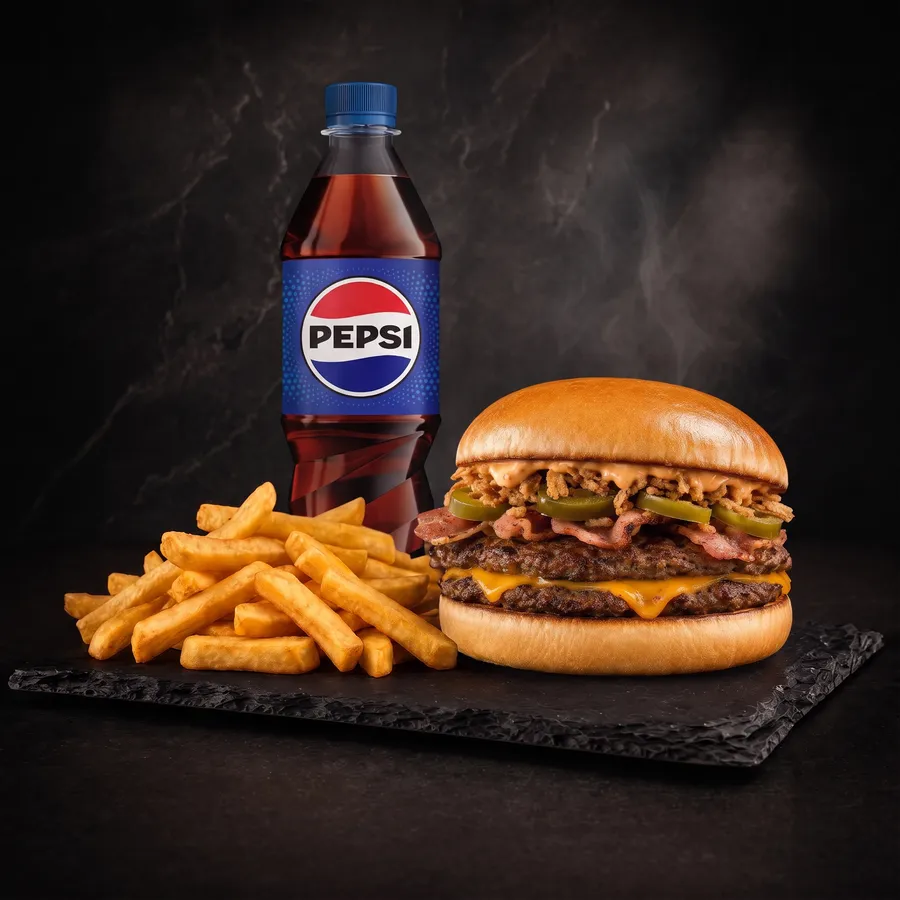 Zestaw City Spicy Crunch — burger, frytki stekowe, sos i napój